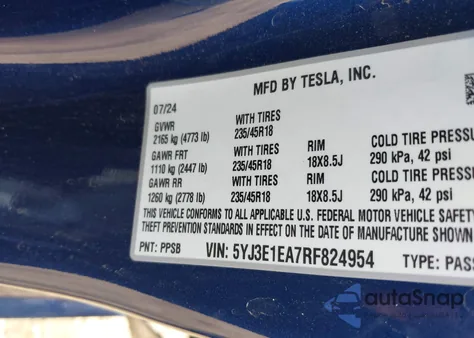2024 Tesla Model 3 Long Range Dual Motor All-Wheel Drive/Rear-Wheel Drive из США, поврежденный, VIN 5YJ3E1EA7RF824954
